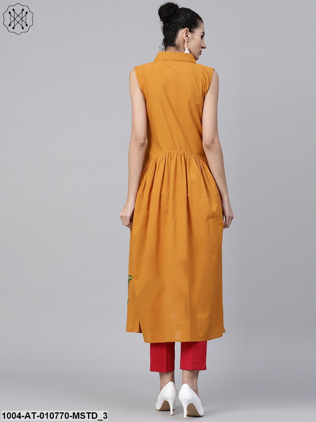 Mustard Block Printed Sleeveless Cotton Anarkali Kurta - Image 3