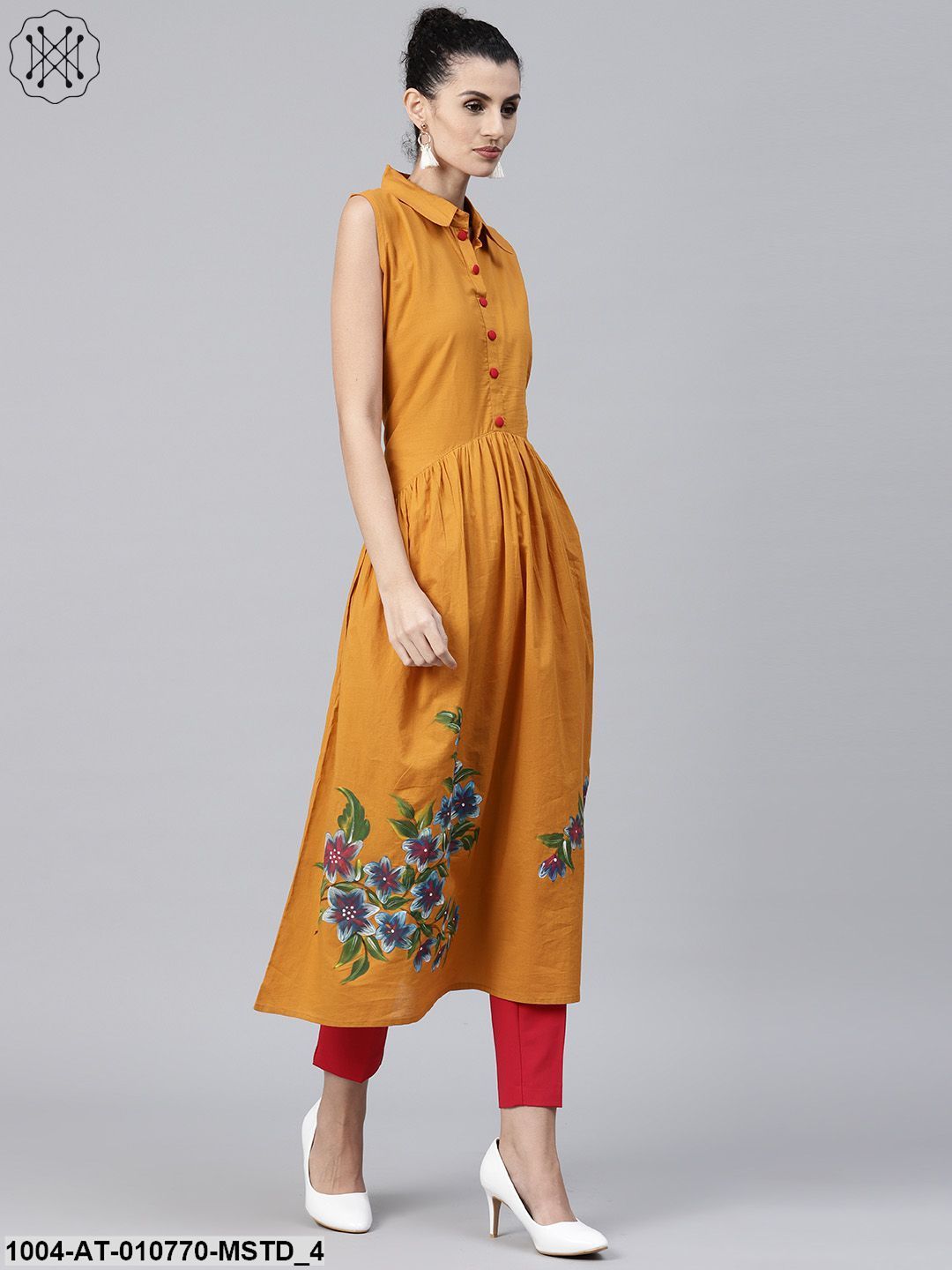 Mustard Block Printed Sleeveless Cotton Anarkali Kurta - Image 4