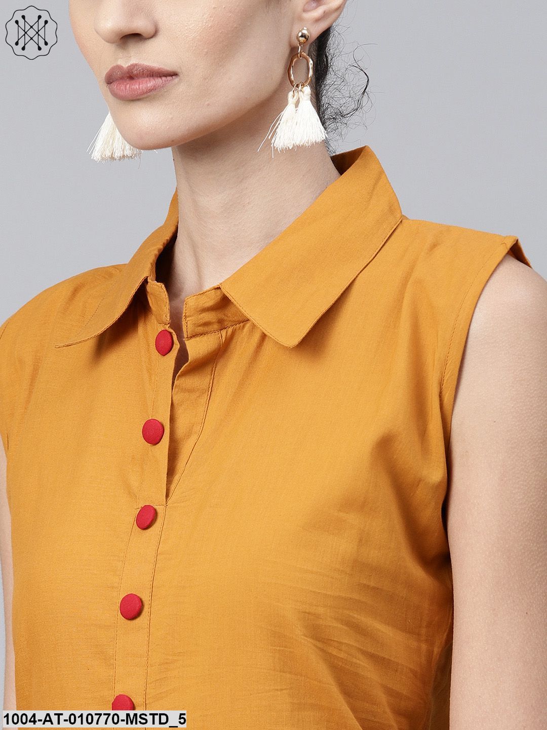 Mustard Block Printed Sleeveless Cotton Anarkali Kurta - Image 5