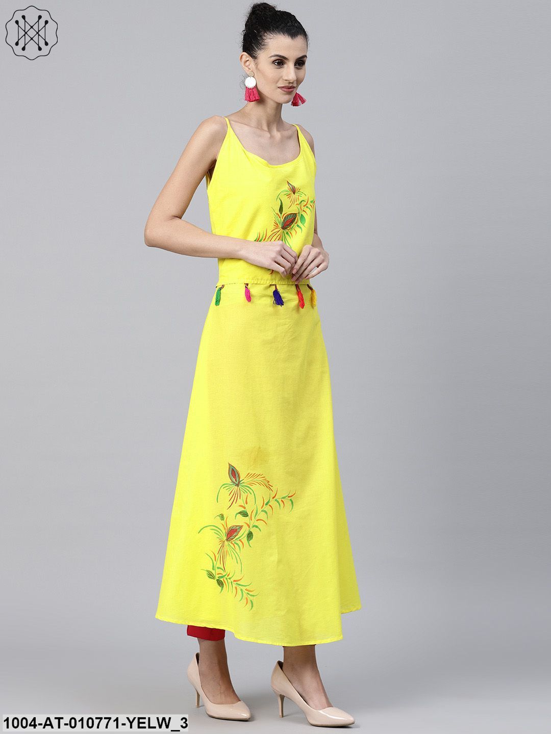 Yellow Block Printed Sleeveless Cotton Anarkali Kurta - Image 3