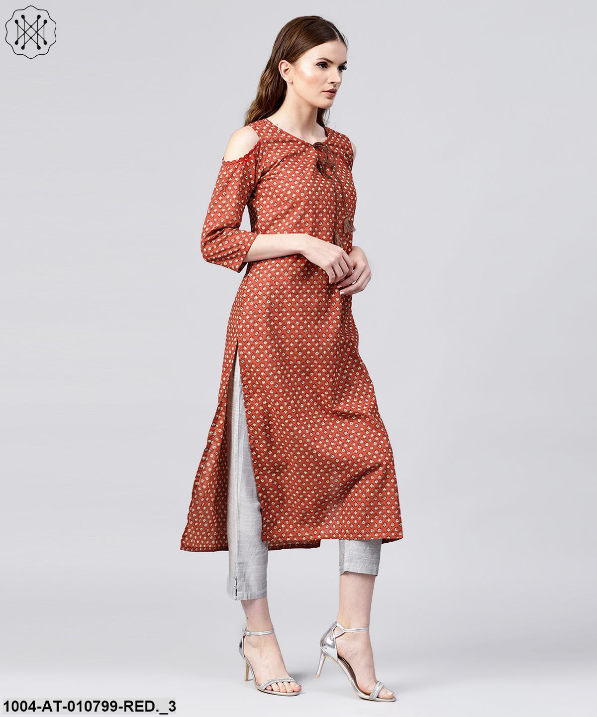 Red Printed 3/4Th Sleeve Cold Shoulder Cotton Assymetric Kurta With Dori Work At Yoke - Image 3