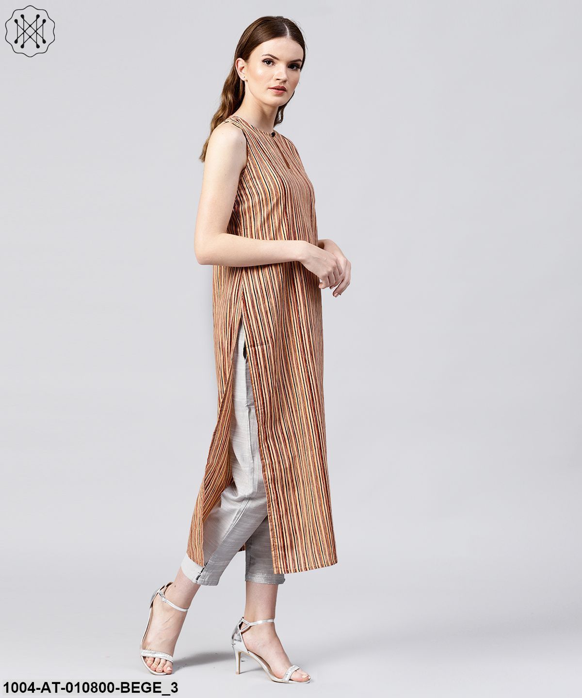 Beige Striped Sleeveless Cotton Long Kurta - Image 3