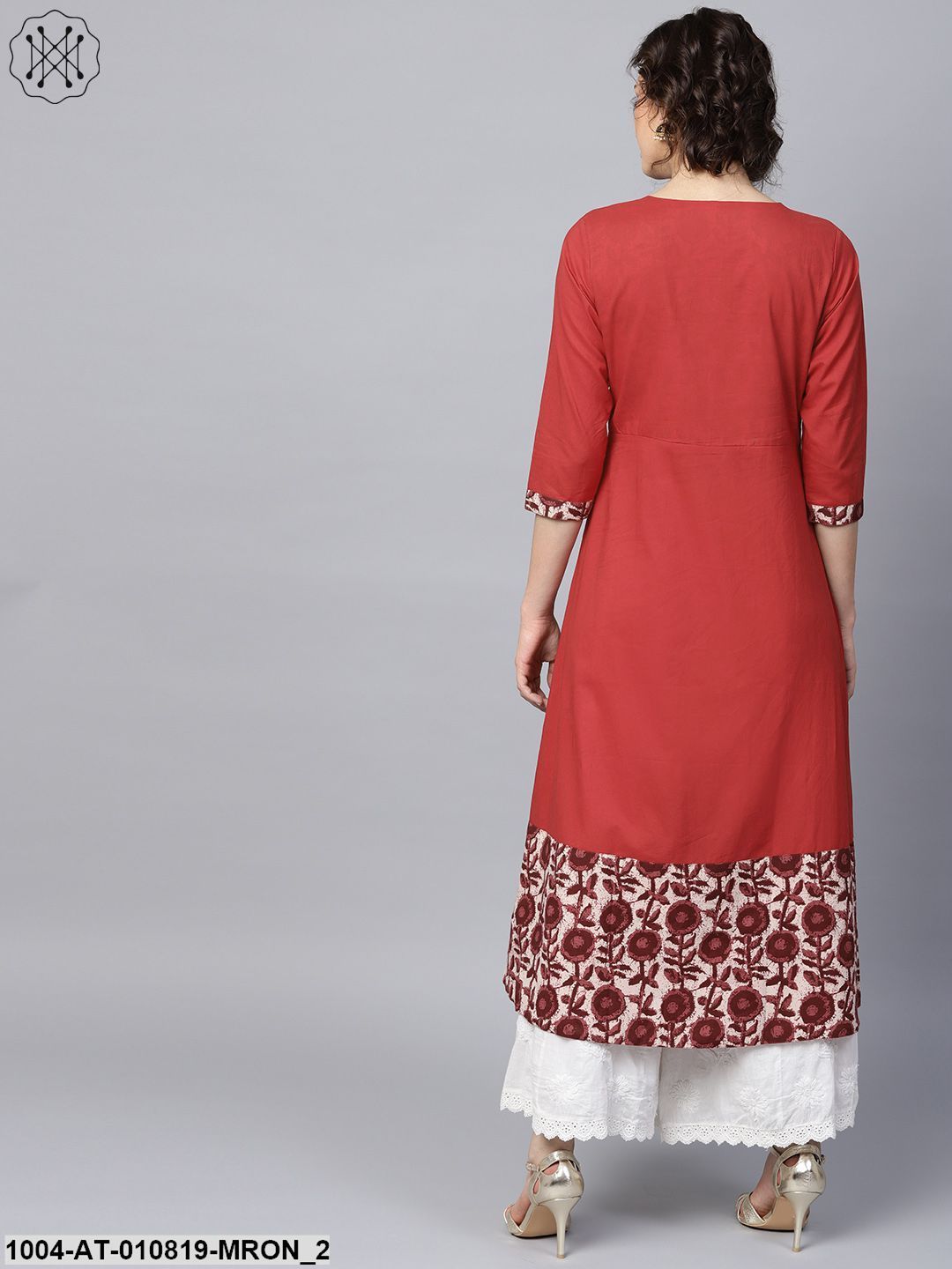 Maroon 3/4 Sleeve Cotton A-Line Kurta - Image 2