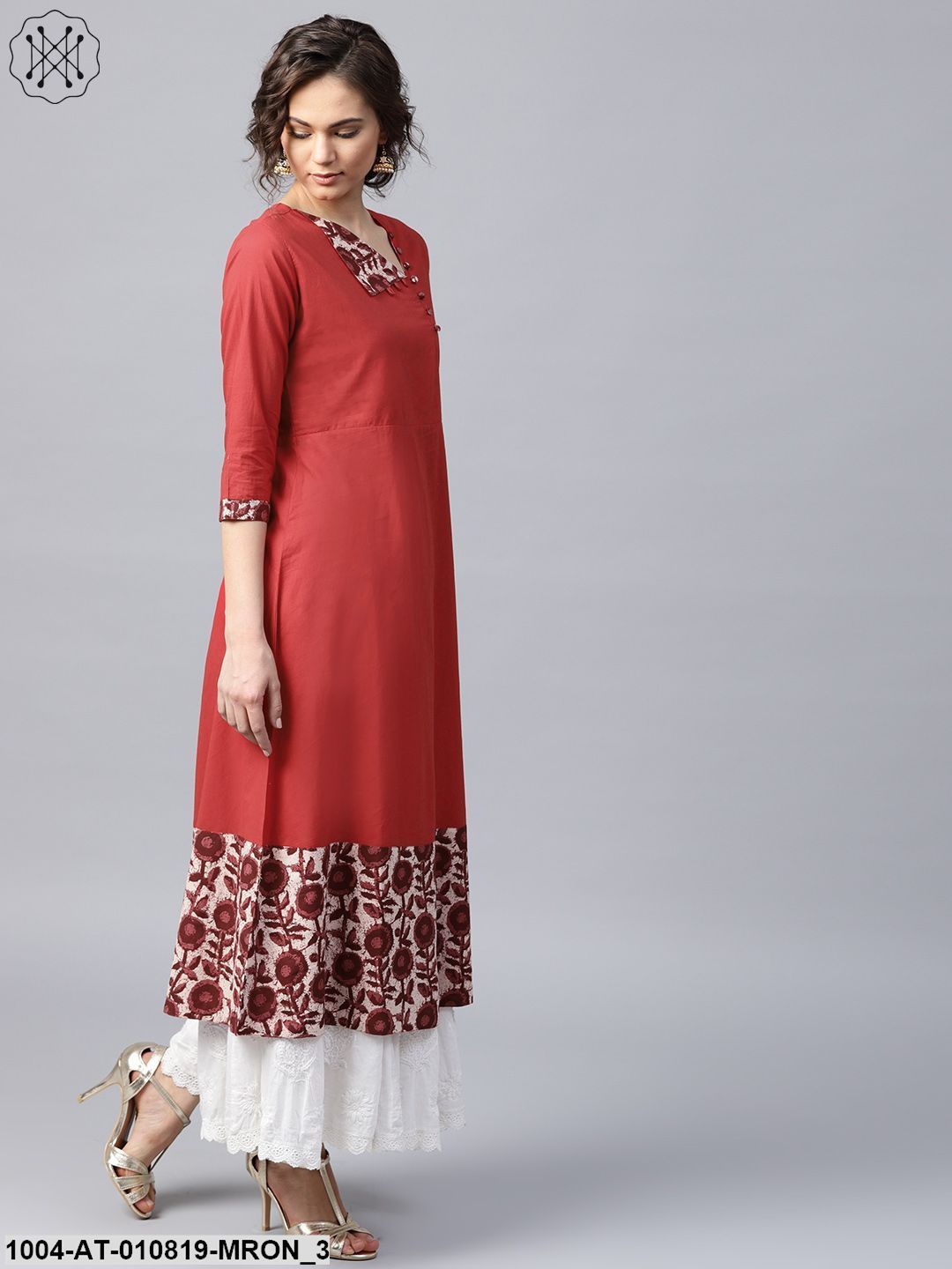Maroon 3/4 Sleeve Cotton A-Line Kurta - Image 3