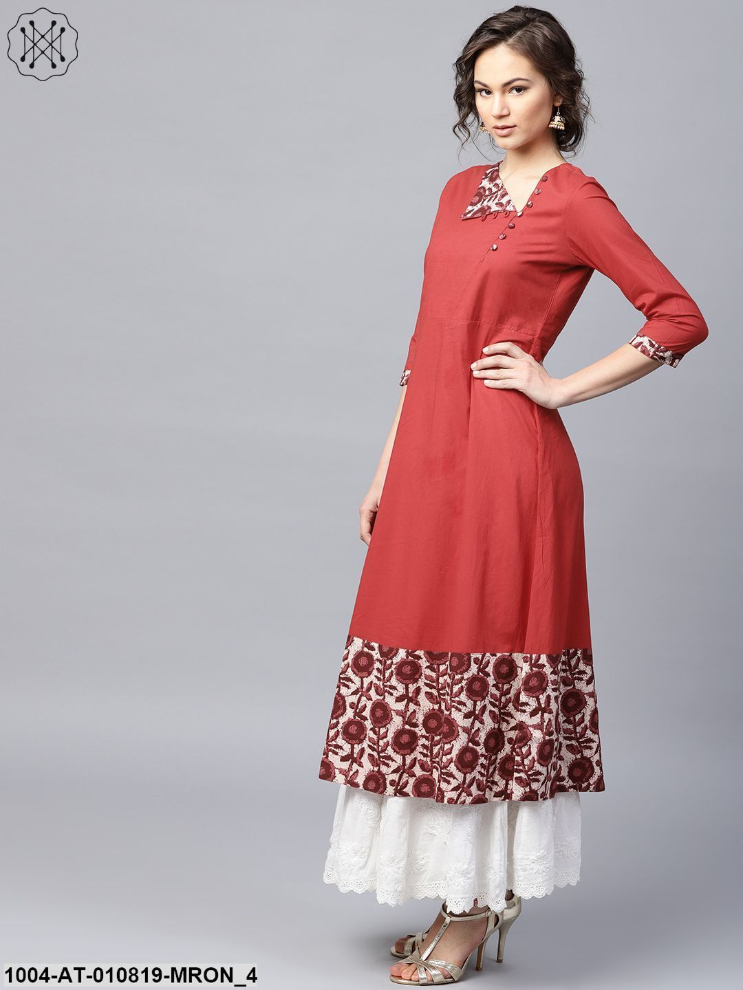 Maroon 3/4 Sleeve Cotton A-Line Kurta - Image 4