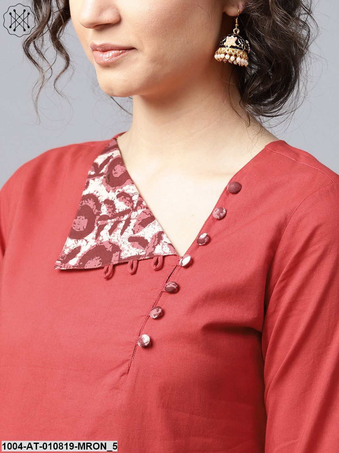 Maroon 3/4 Sleeve Cotton A-Line Kurta - Image 5