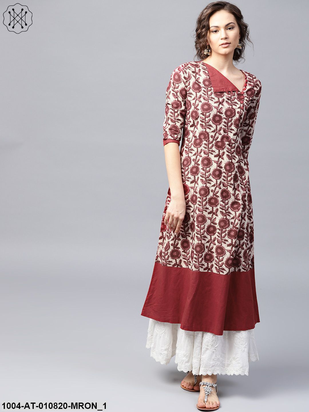 Maroon Printed 3/4 Sleeve Cotton A-Line Kurta