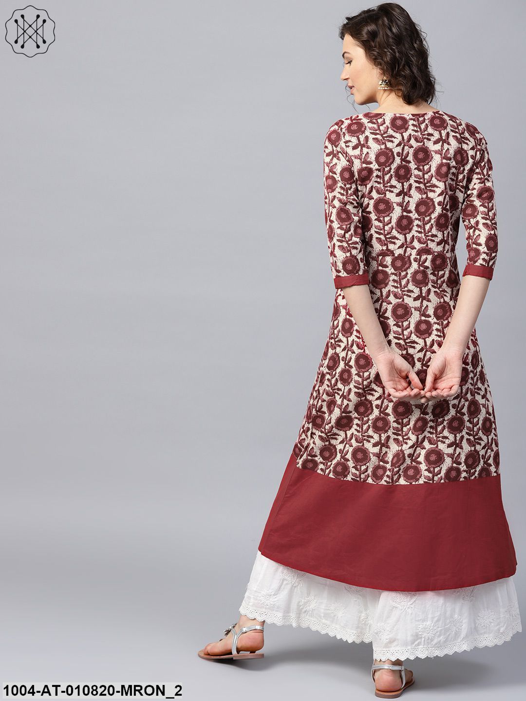 Maroon Printed 3/4 Sleeve Cotton A-Line Kurta - Image 2