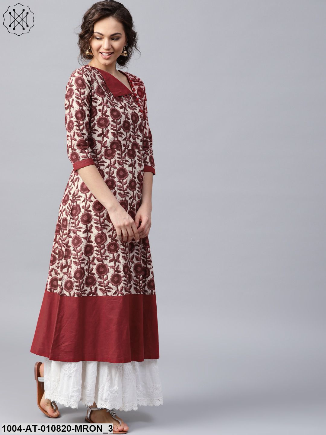 Maroon Printed 3/4 Sleeve Cotton A-Line Kurta - Image 3