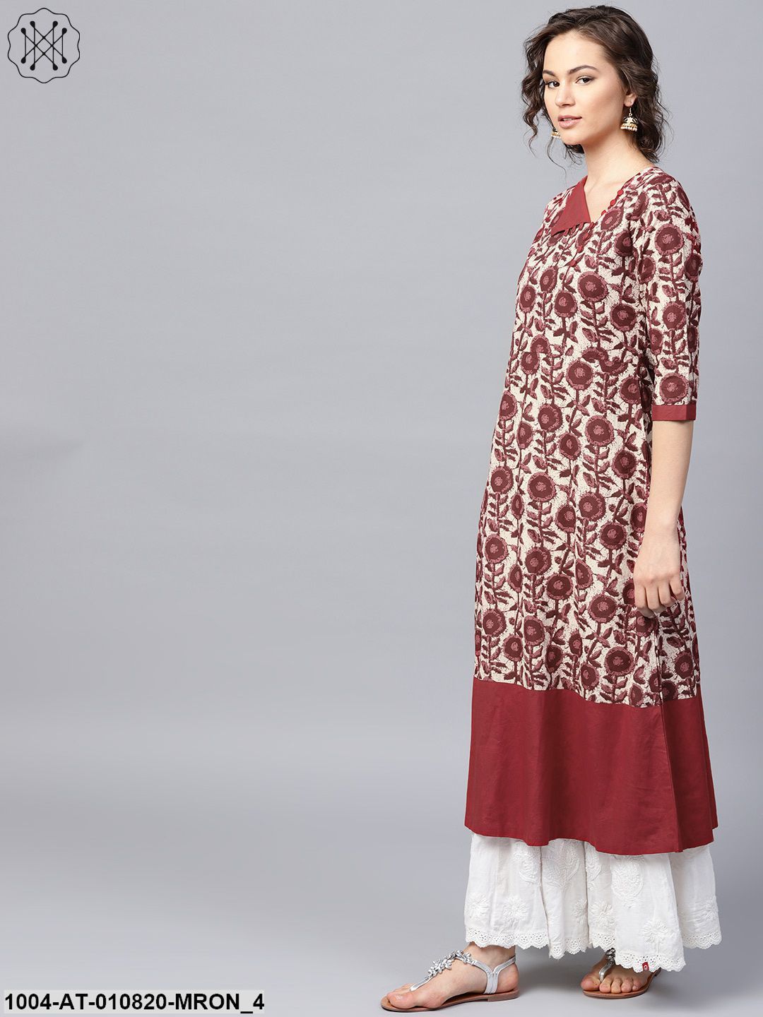 Maroon Printed 3/4 Sleeve Cotton A-Line Kurta - Image 4