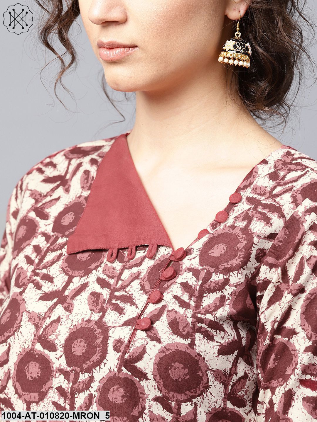 Maroon Printed 3/4 Sleeve Cotton A-Line Kurta - Image 5