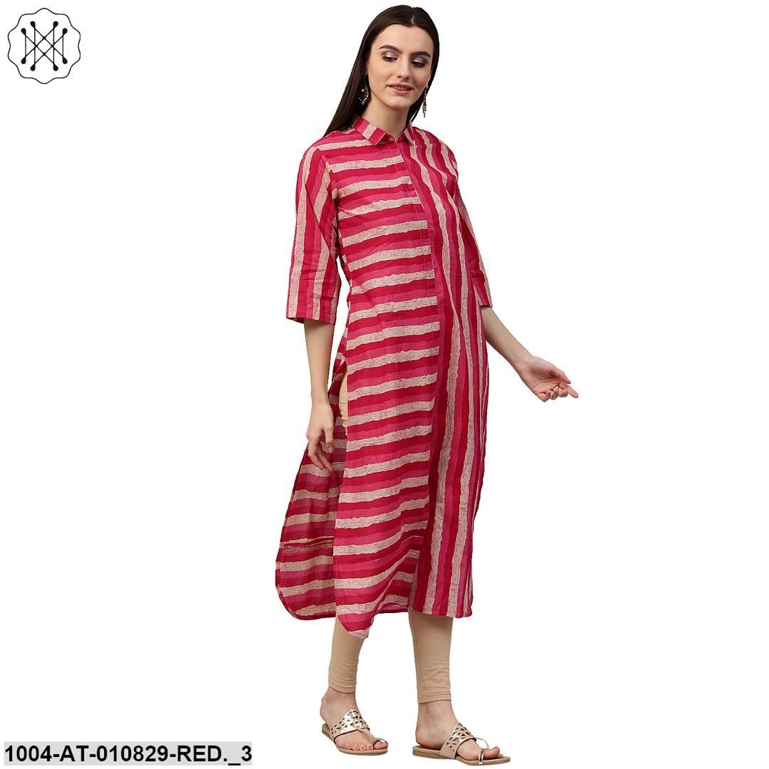 Red & White Printed Sleeveless Cotton Slub Anarkali Kurta - Image 3