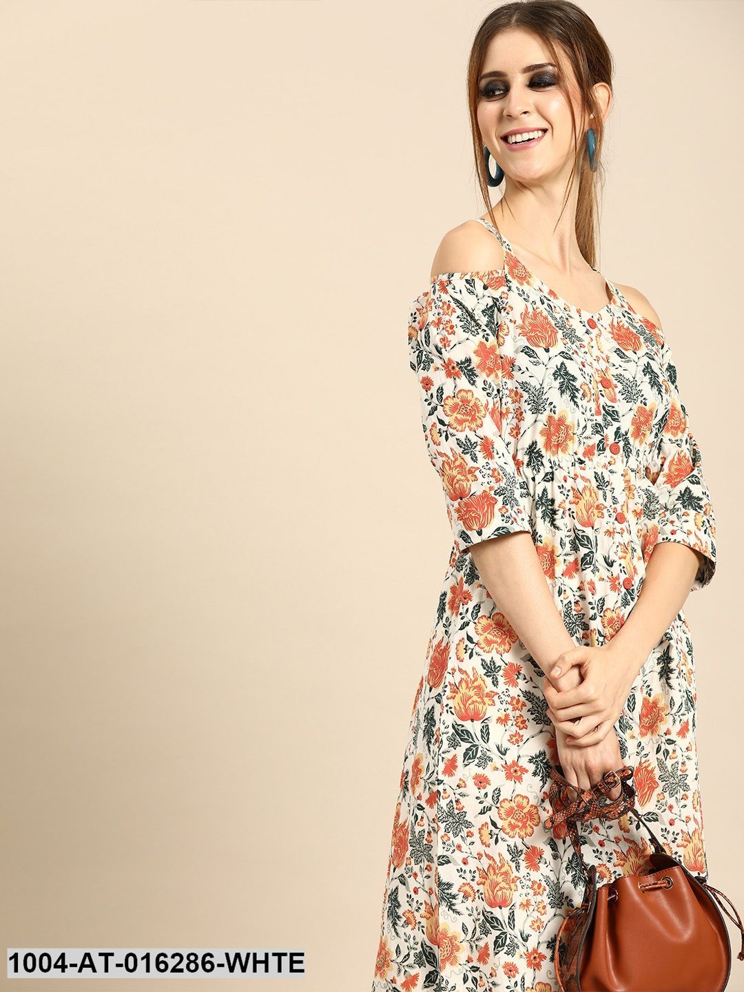 White Three-Quarter Sleeves A-Line Floral Printed Cotton Kurta - Image 2
