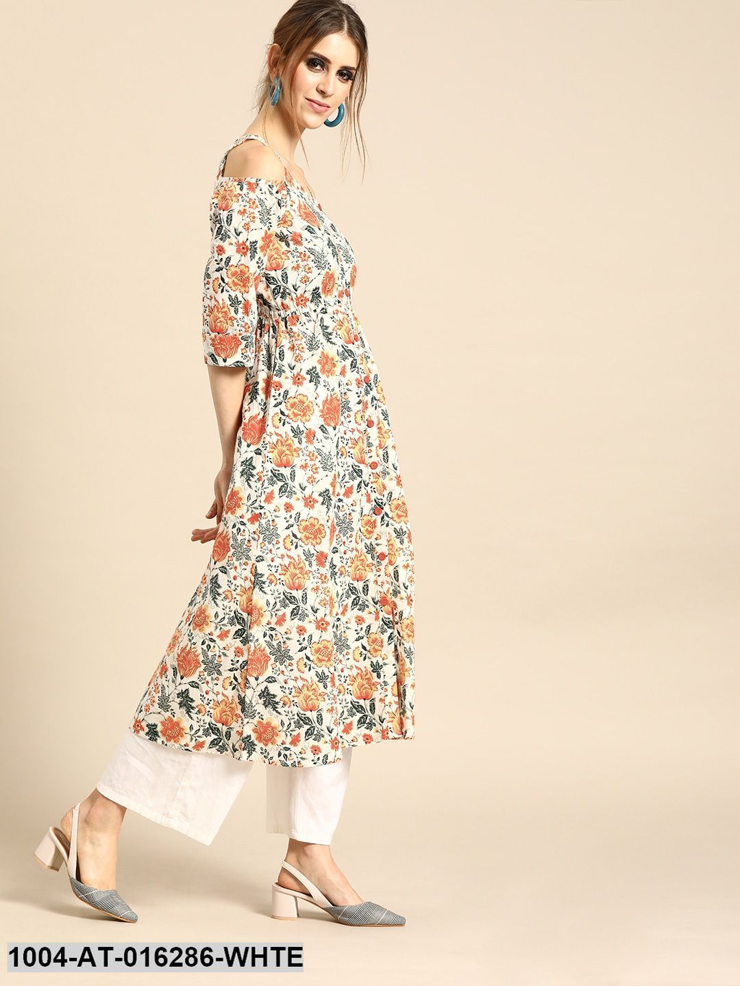 White Three-Quarter Sleeves A-Line Floral Printed Cotton Kurta - Image 3