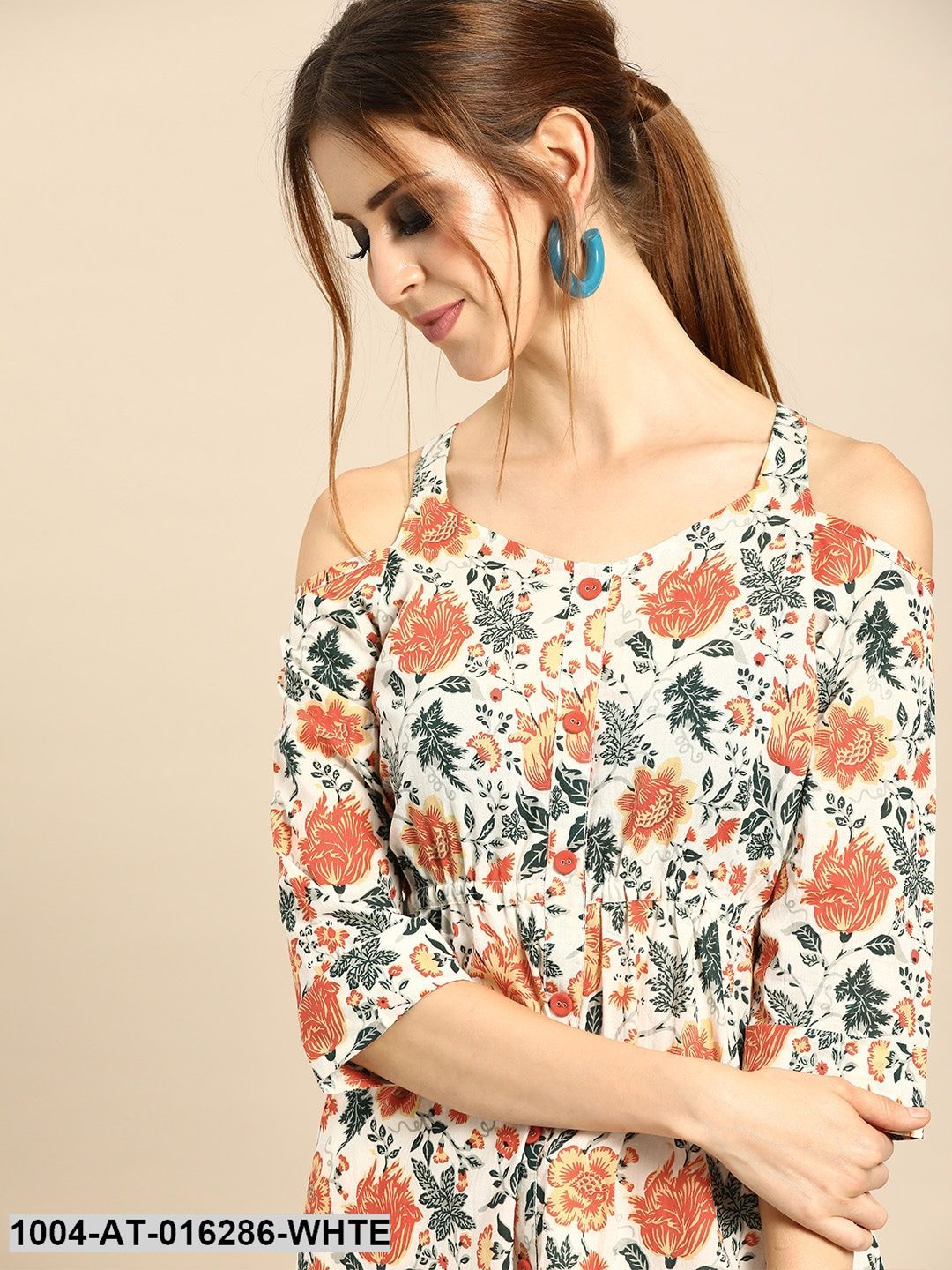 White Three-Quarter Sleeves A-Line Floral Printed Cotton Kurta - Image 4
