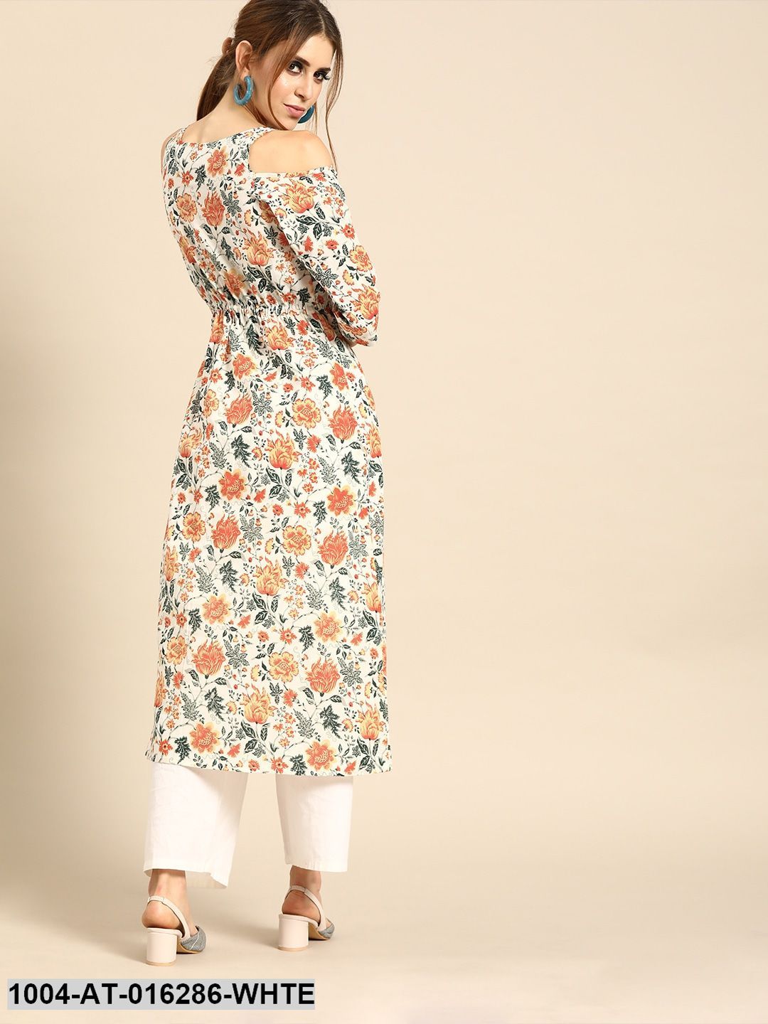 White Three-Quarter Sleeves A-Line Floral Printed Cotton Kurta - Image 5