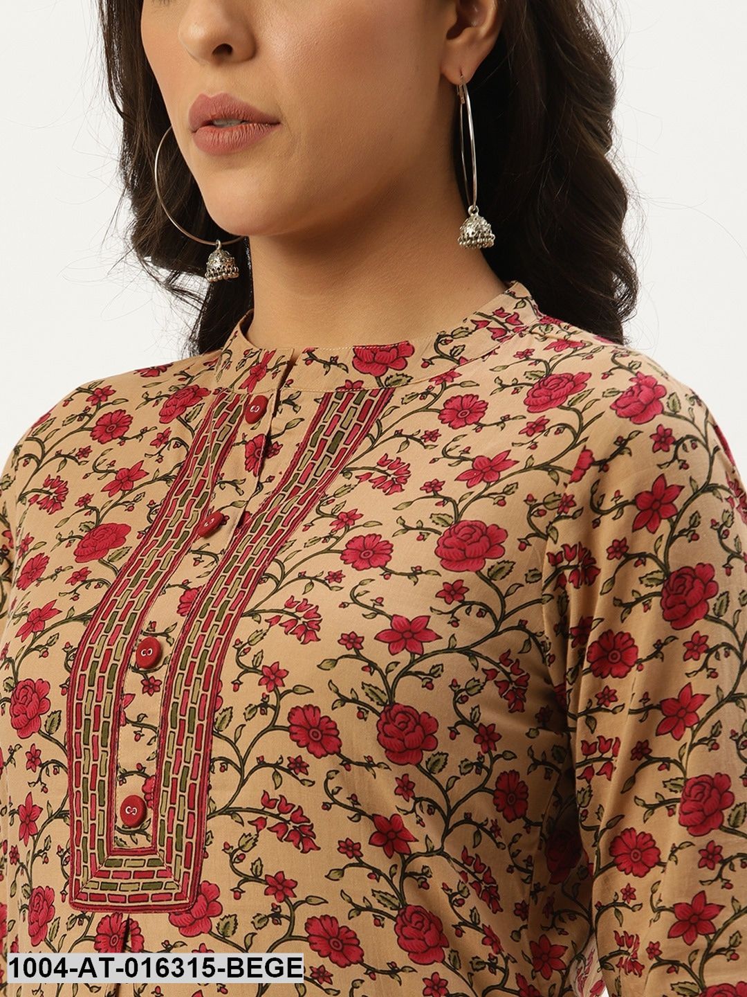 Beige Three-Quarter Sleeves Straight Floral Cotton Kurta - Image 2