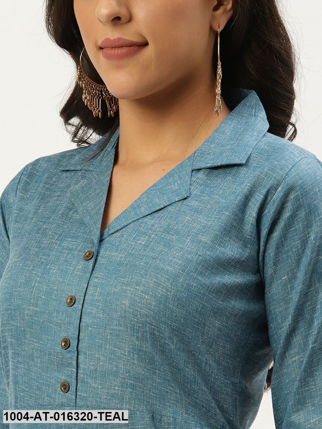 Teal Blue Three-Quarter Sleeves Straight Lapel neck Solid Cotton Kurta - Image 2