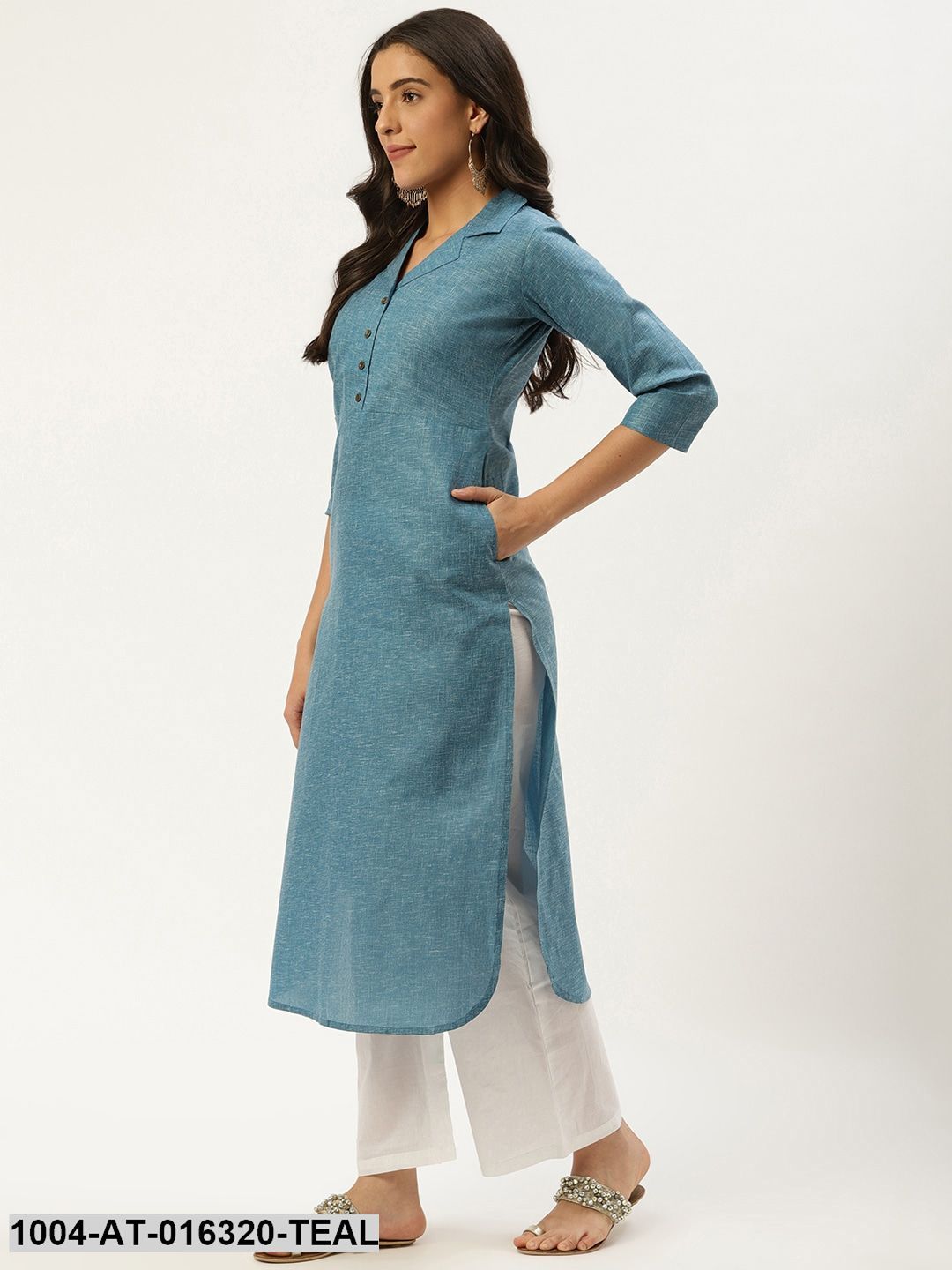 Teal Blue Three-Quarter Sleeves Straight Lapel neck Solid Cotton Kurta - Image 3