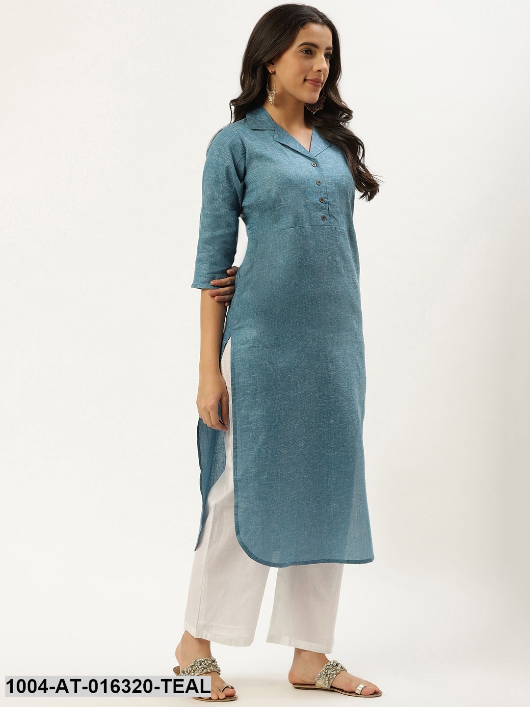 Teal Blue Three-Quarter Sleeves Straight Lapel neck Solid Cotton Kurta - Image 4