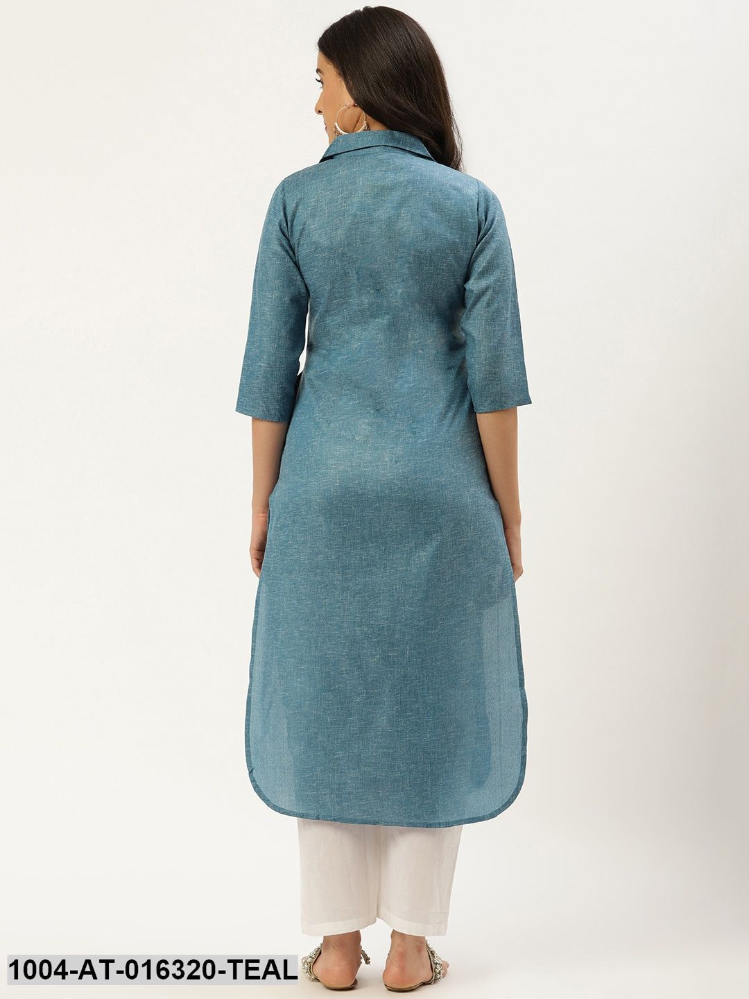 Teal Blue Three-Quarter Sleeves Straight Lapel neck Solid Cotton Kurta - Image 5