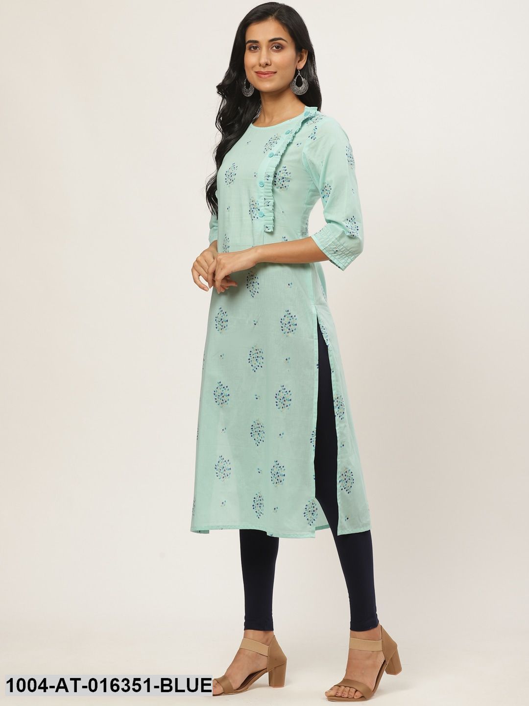 Powder Blue Three-Quarter Sleeves Straight Floral Yoke Design Cotton Kurta - Image 3