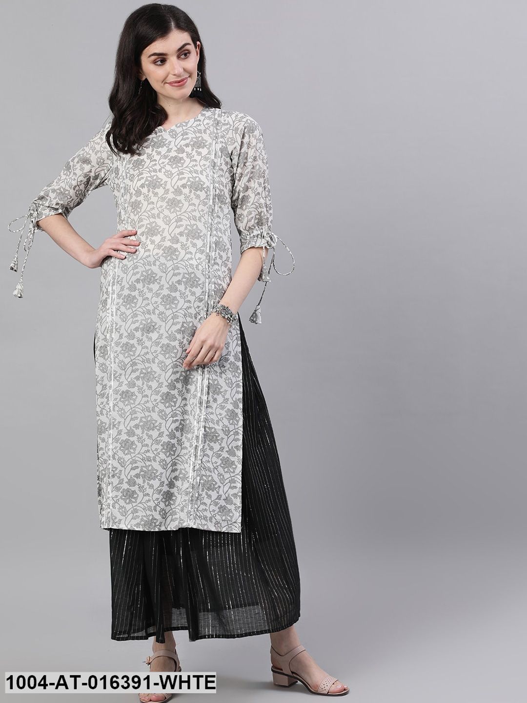 White Three-Quarter Sleeves Straight Floral Printed Cotton Kurta - Image 5