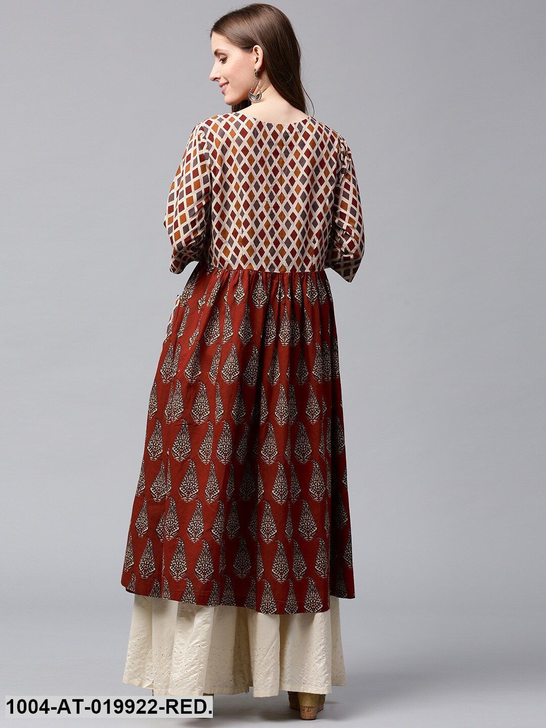 Red & Beige Printed Anarkali Kurta - Image 4