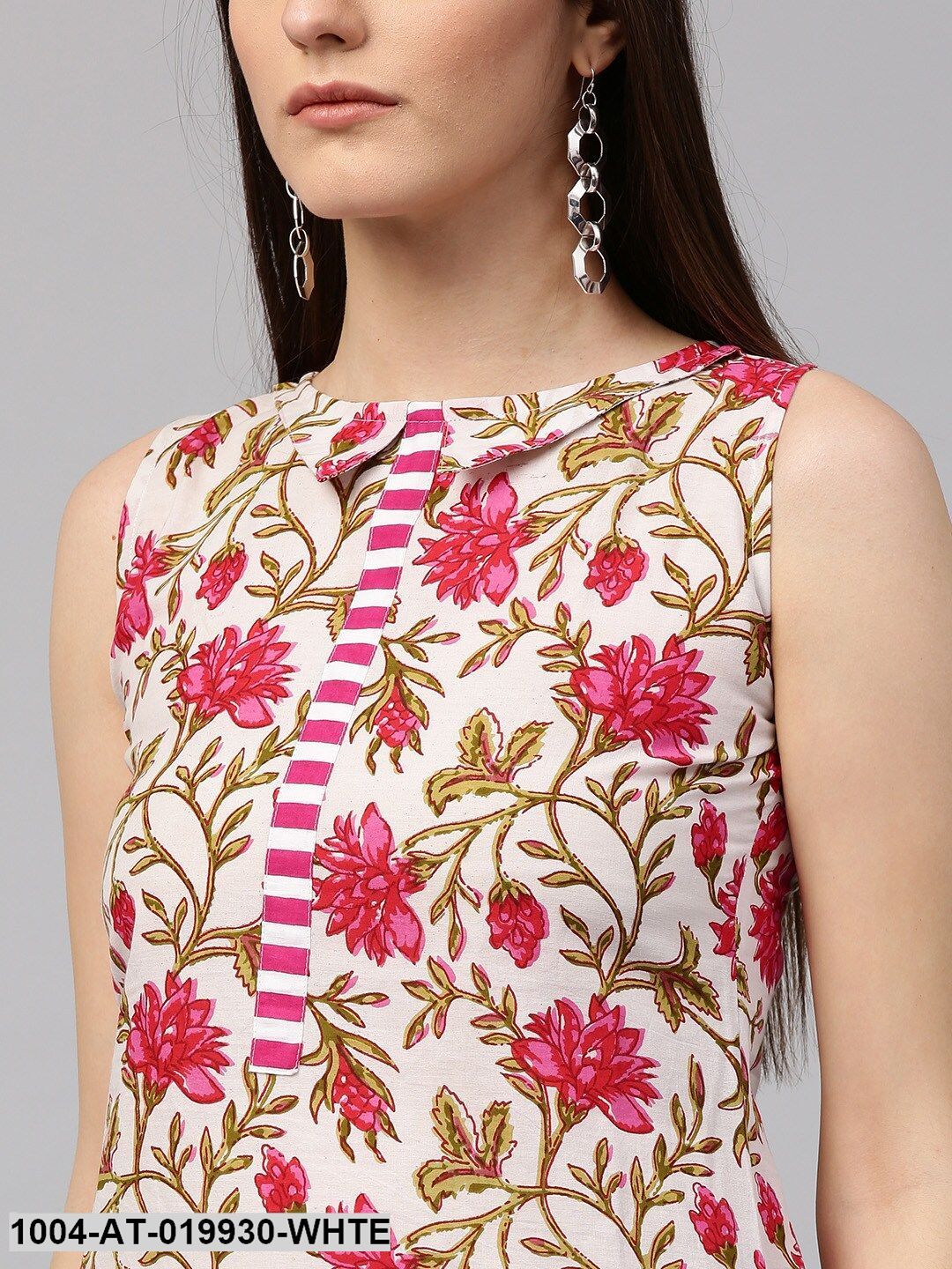 White & Pink Floral Print A-Line Kurta - Image 2