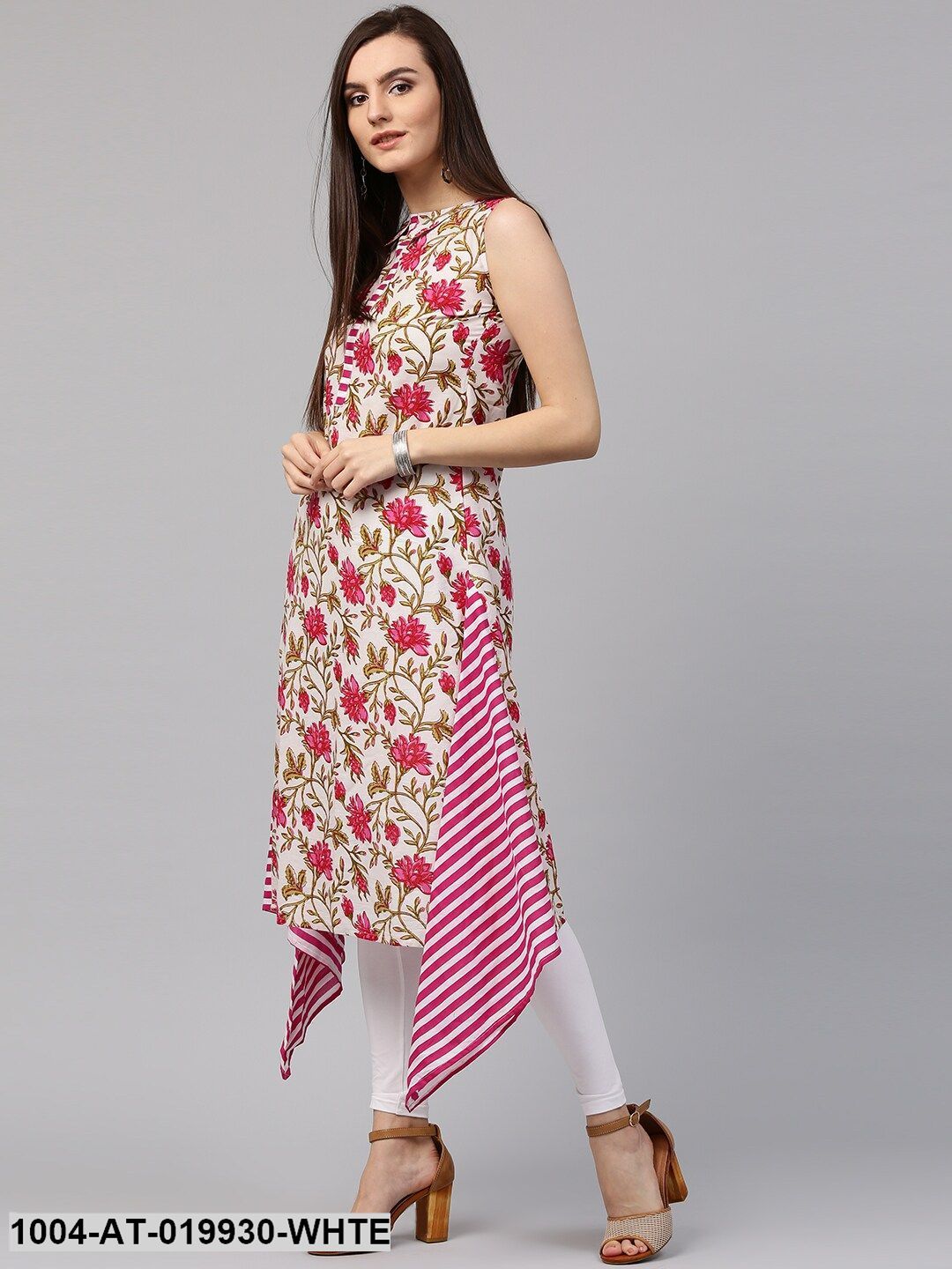 White & Pink Floral Print A-Line Kurta - Image 3
