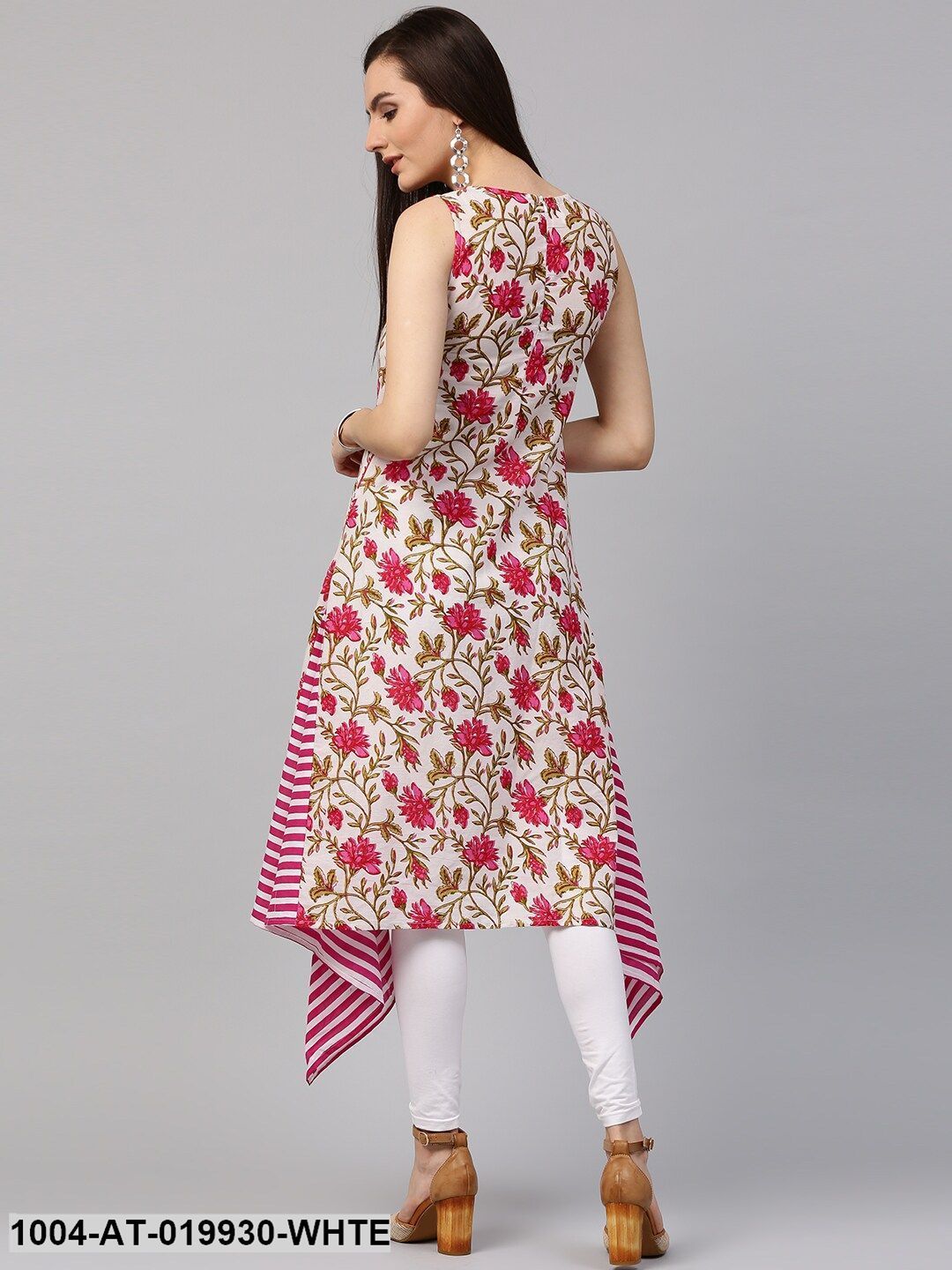 White & Pink Floral Print A-Line Kurta - Image 4
