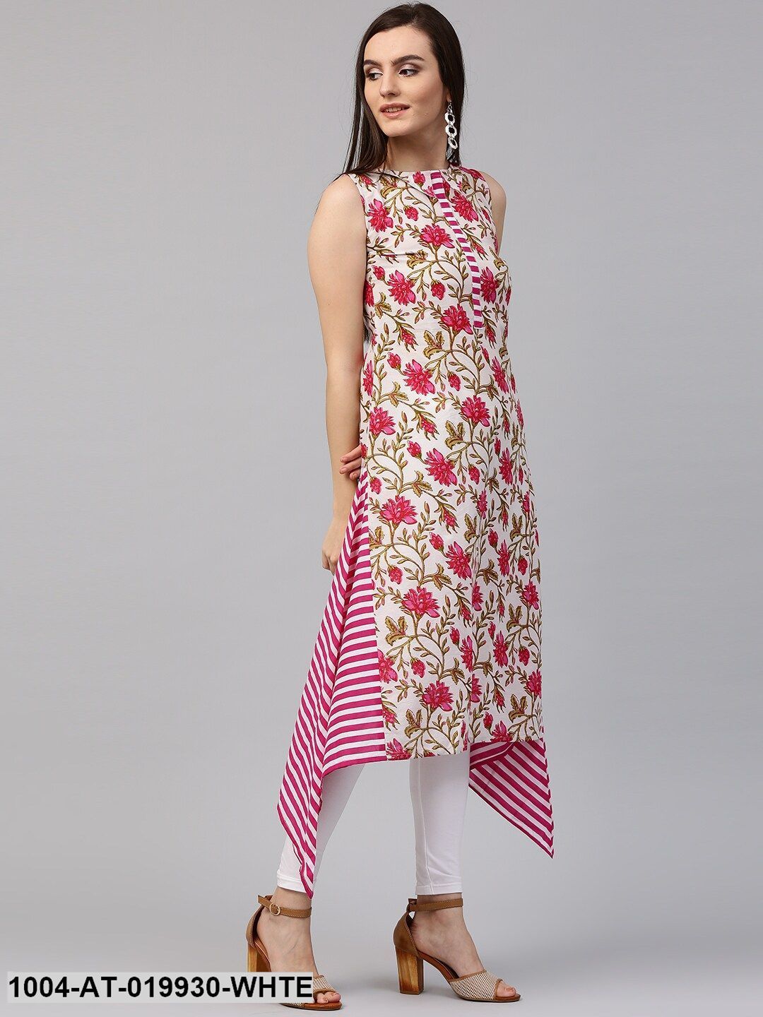 White & Pink Floral Print A-Line Kurta - Image 5