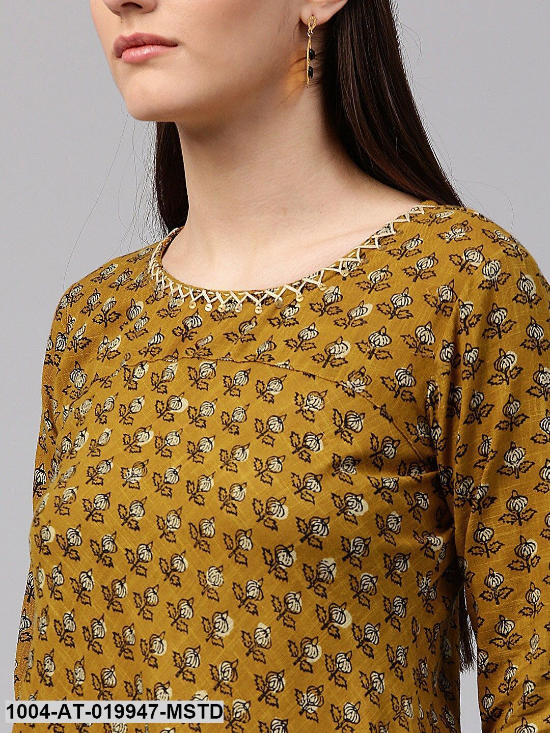 Mustard Yellow Printed A-Line Kurta - Image 2