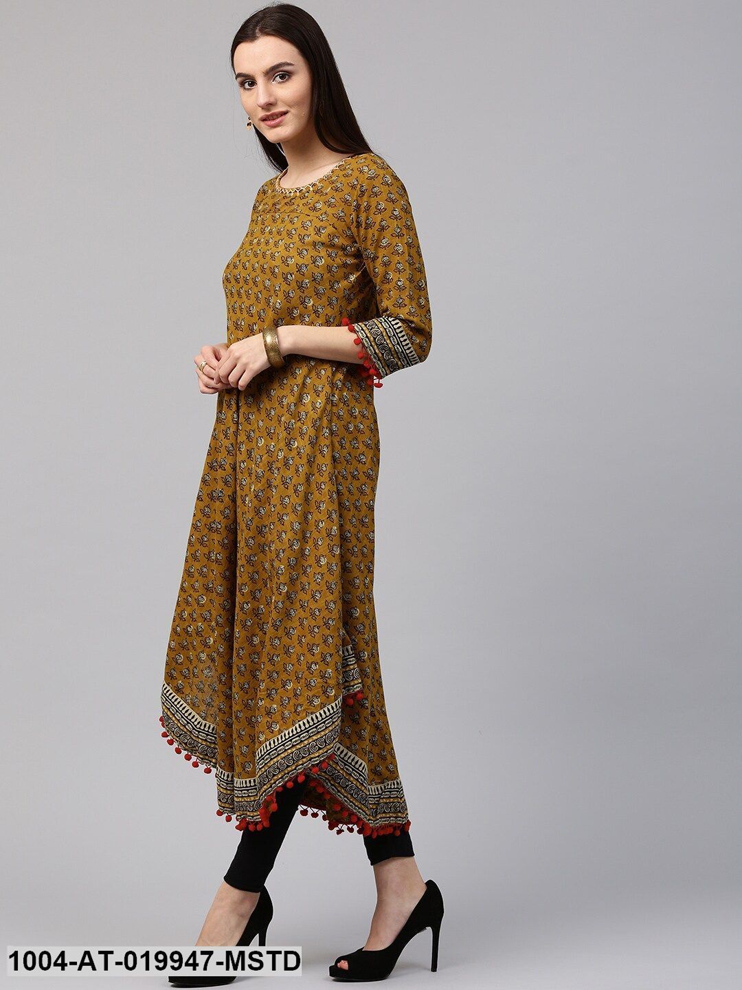 Mustard Yellow Printed A-Line Kurta - Image 3