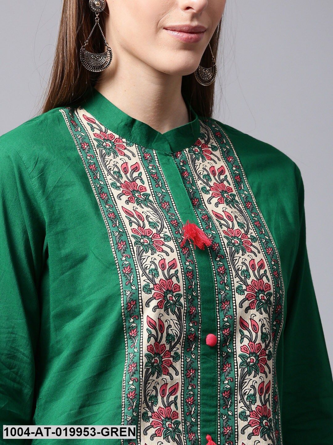 Green Printed A-Line Kurta - Image 2
