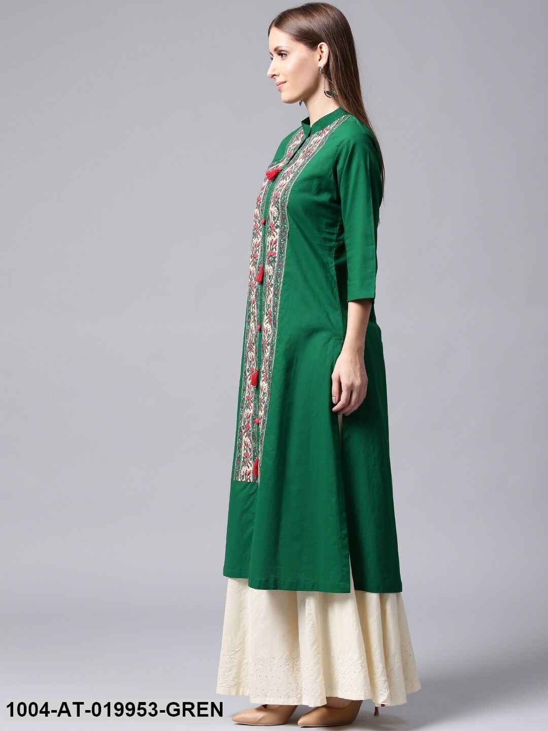Green Printed A-Line Kurta - Image 3