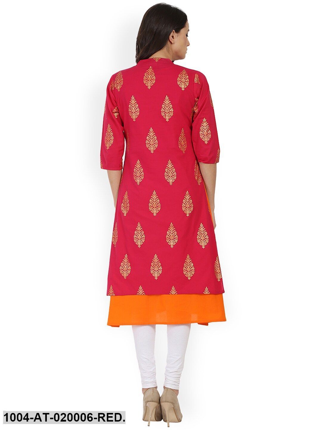 Red & Orange Printed A-Line Kurta - Image 3