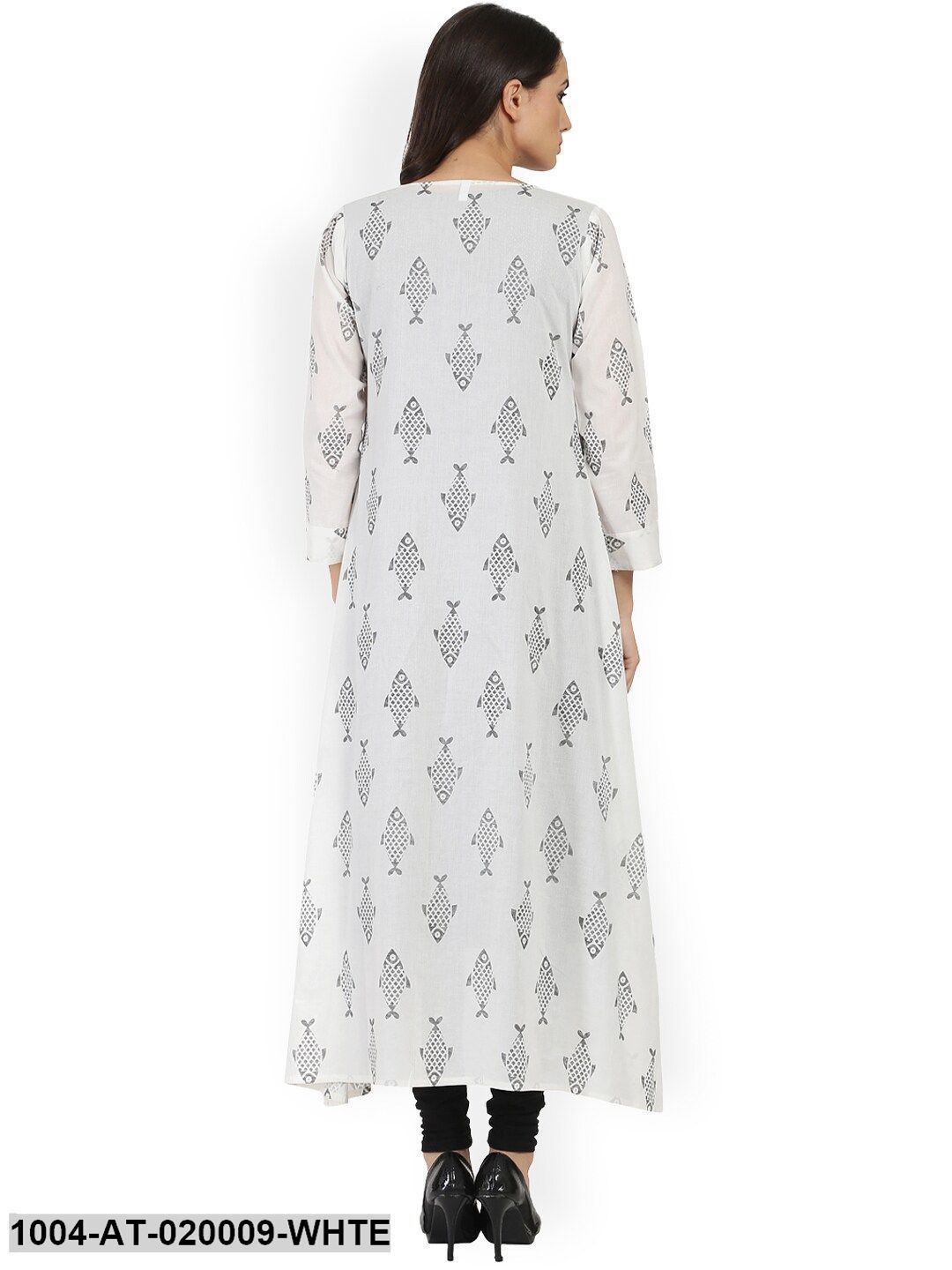 White & Black Printed A-Line Kurta - Image 3