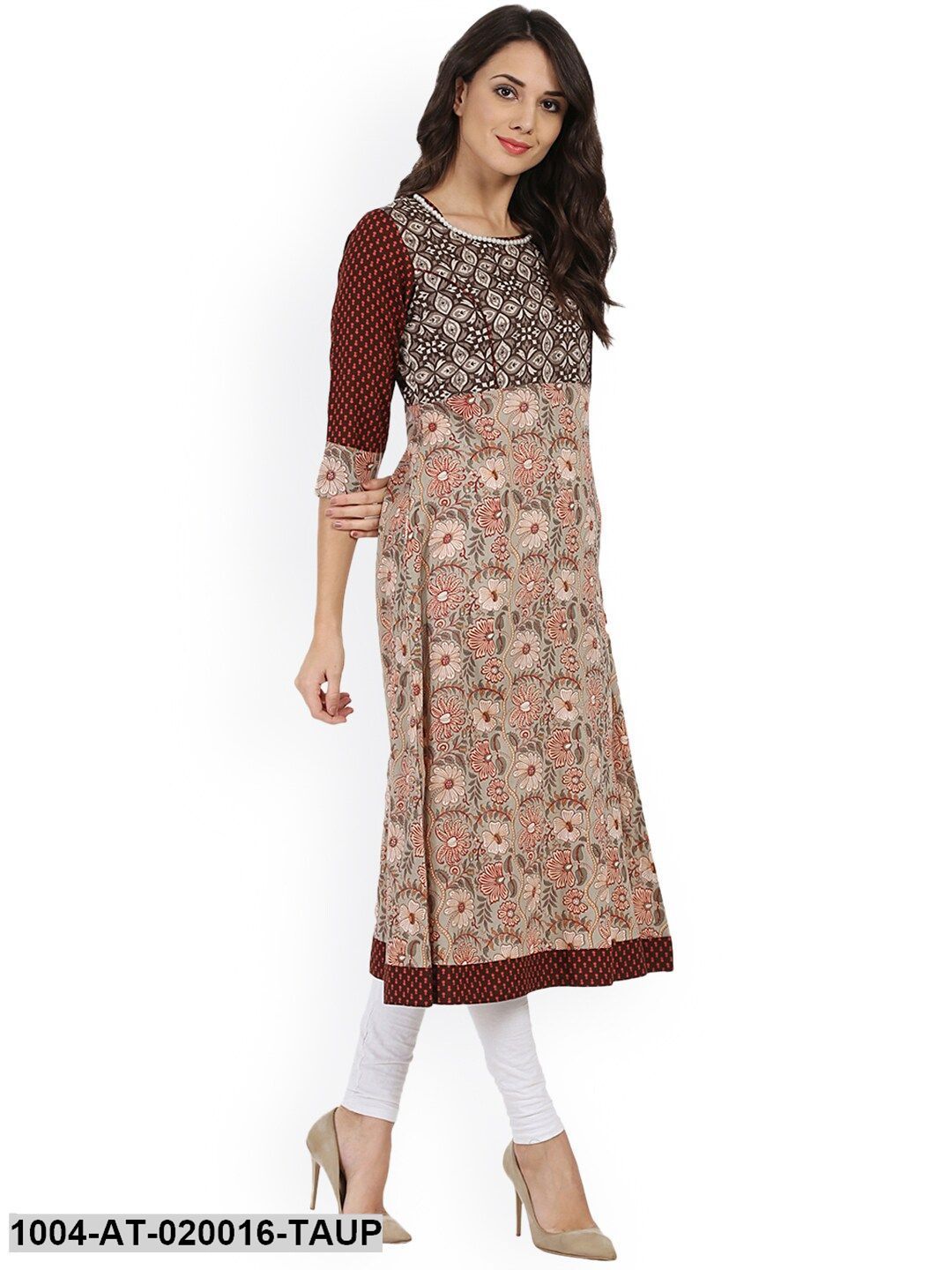 Taupe Printed A-Line Kurta - Image 4