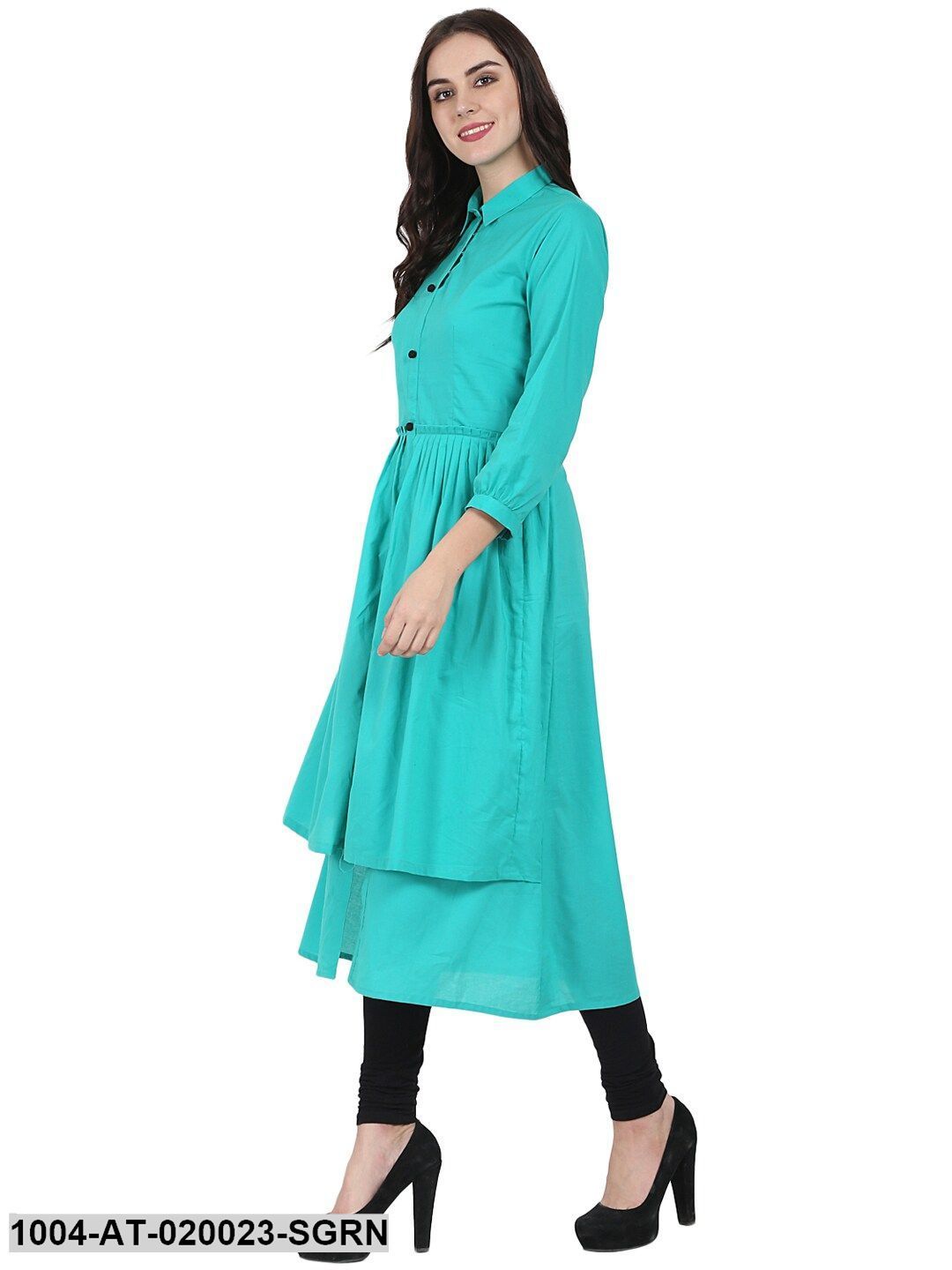 Sea Green Solid Layered A-Line Kurta - Image 3