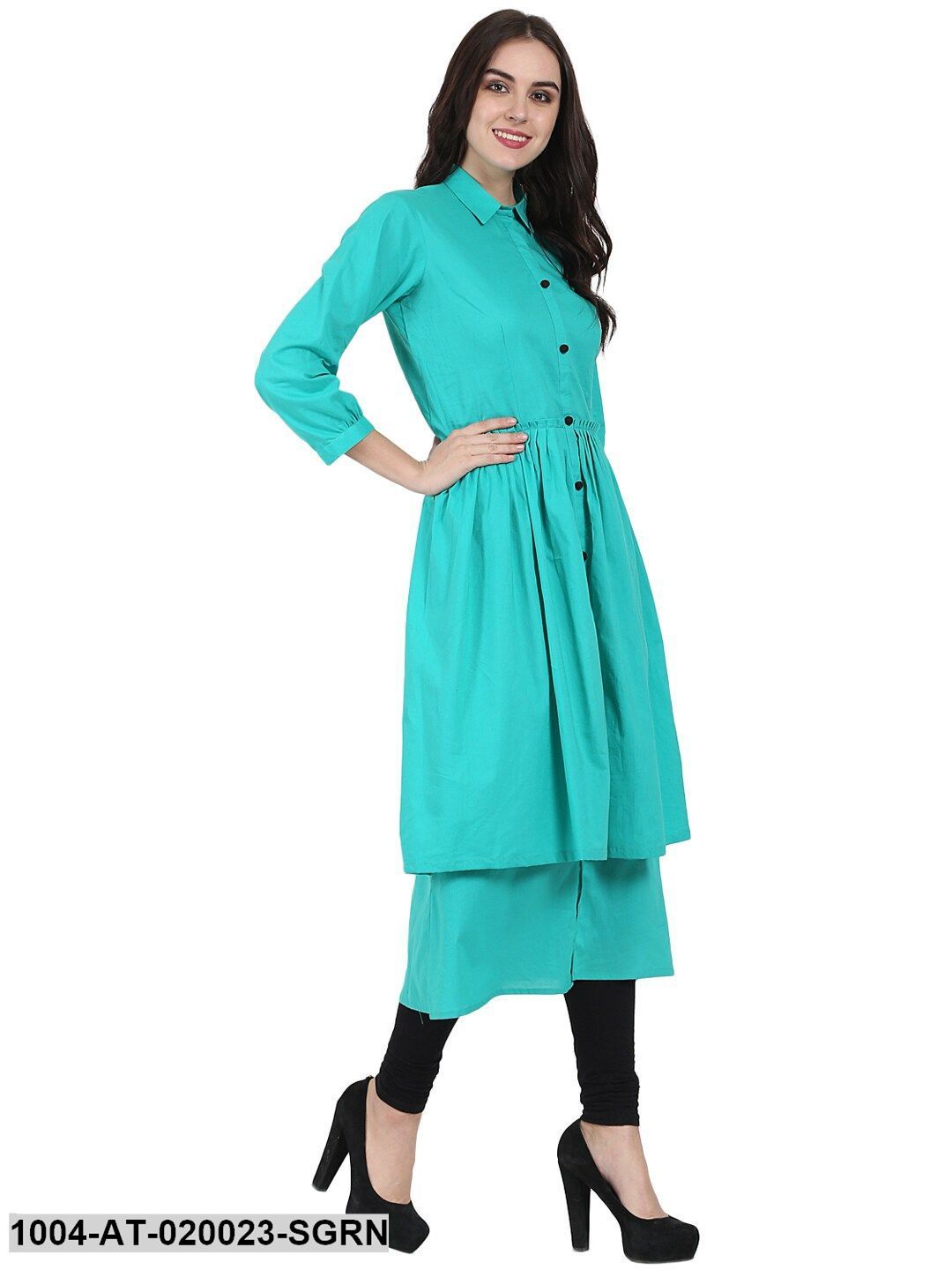 Sea Green Solid Layered A-Line Kurta - Image 5