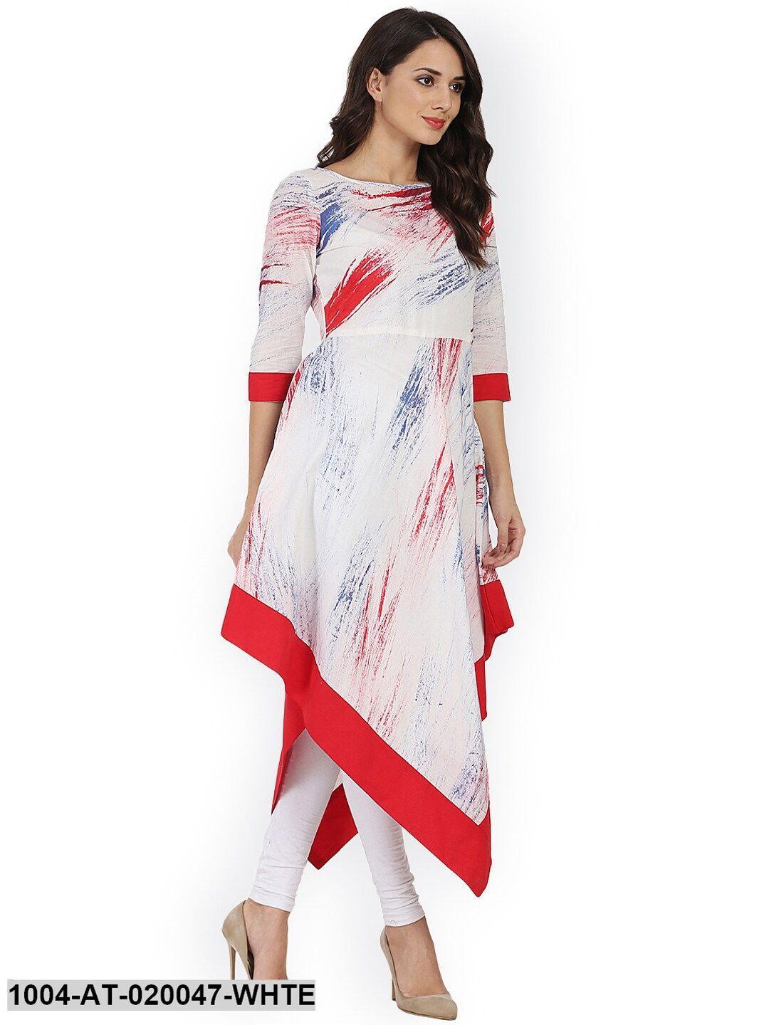 White Printed Asymmetirc A-Line Kurta - Image 3