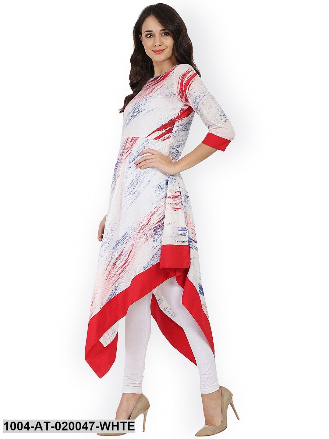 White Printed Asymmetirc A-Line Kurta - Image 4