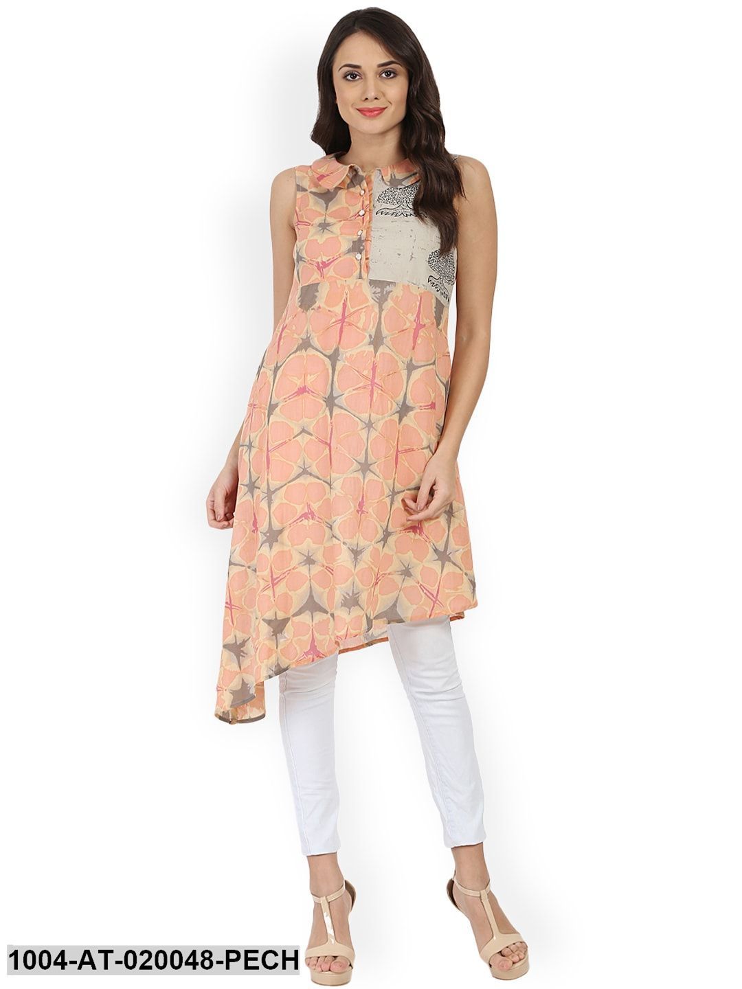 Peach-Coloured Printed Asymmetric A-Line Kurta