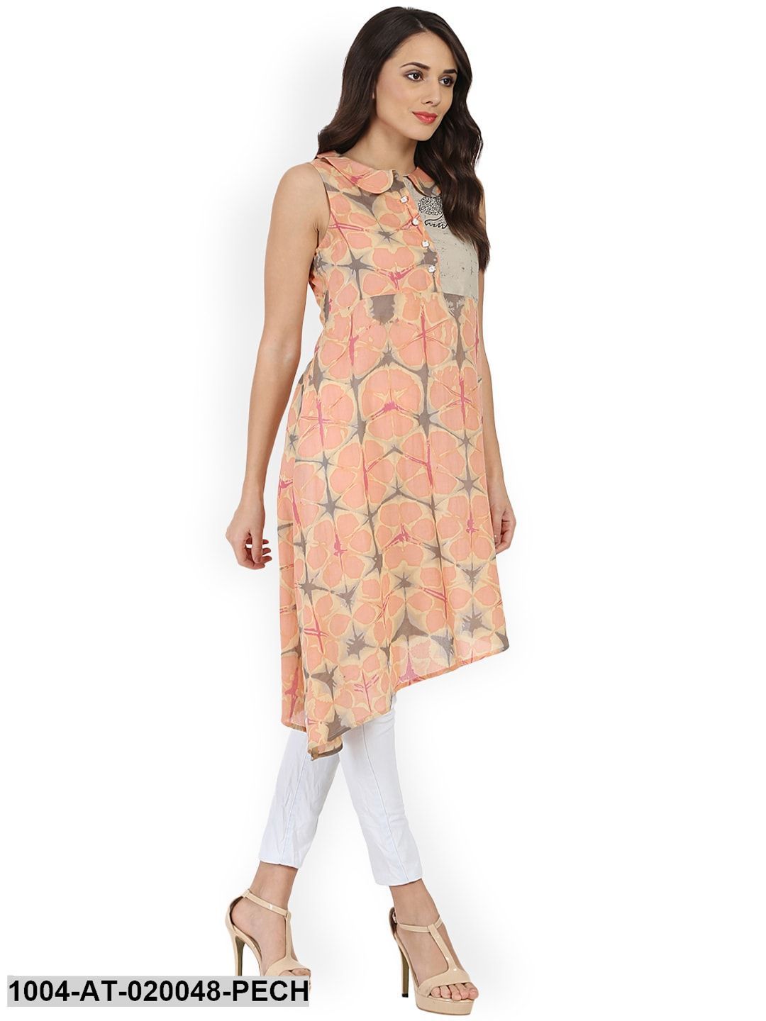 Peach-Coloured Printed Asymmetric A-Line Kurta - Image 4
