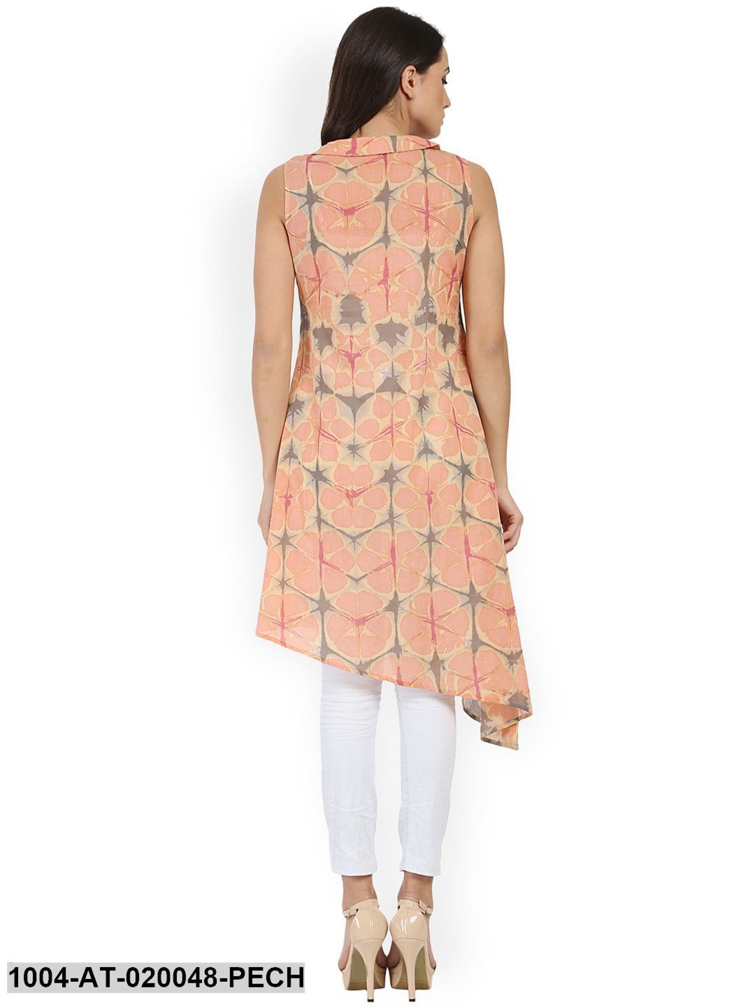 Peach-Coloured Printed Asymmetric A-Line Kurta - Image 3