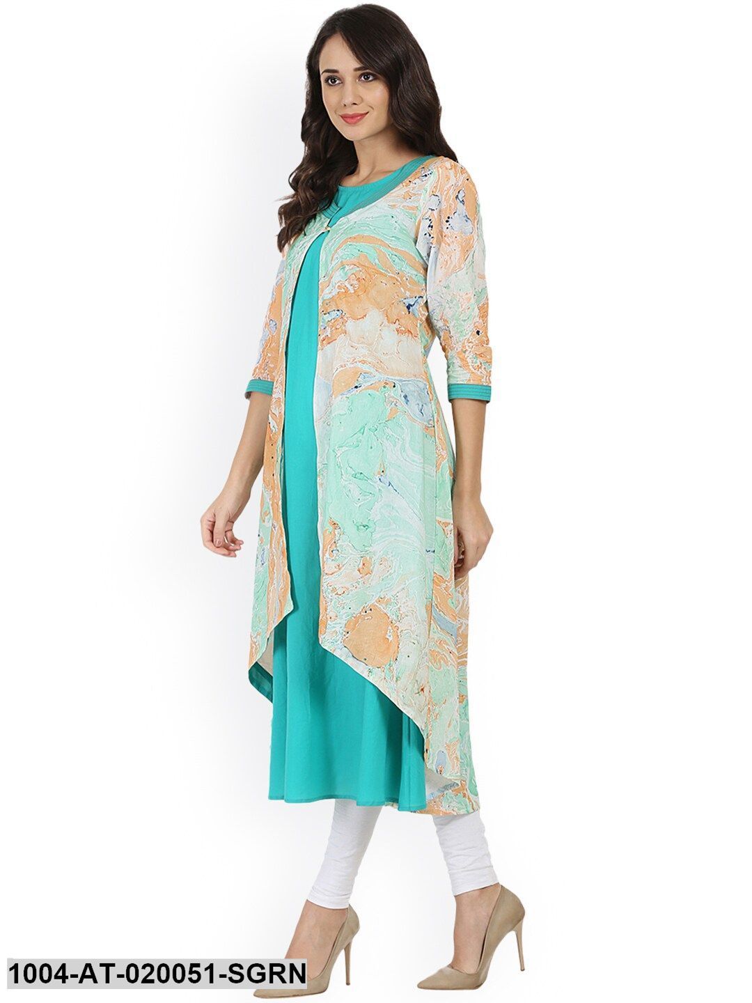 Sea Green Printed A-Line Kurta - Image 3