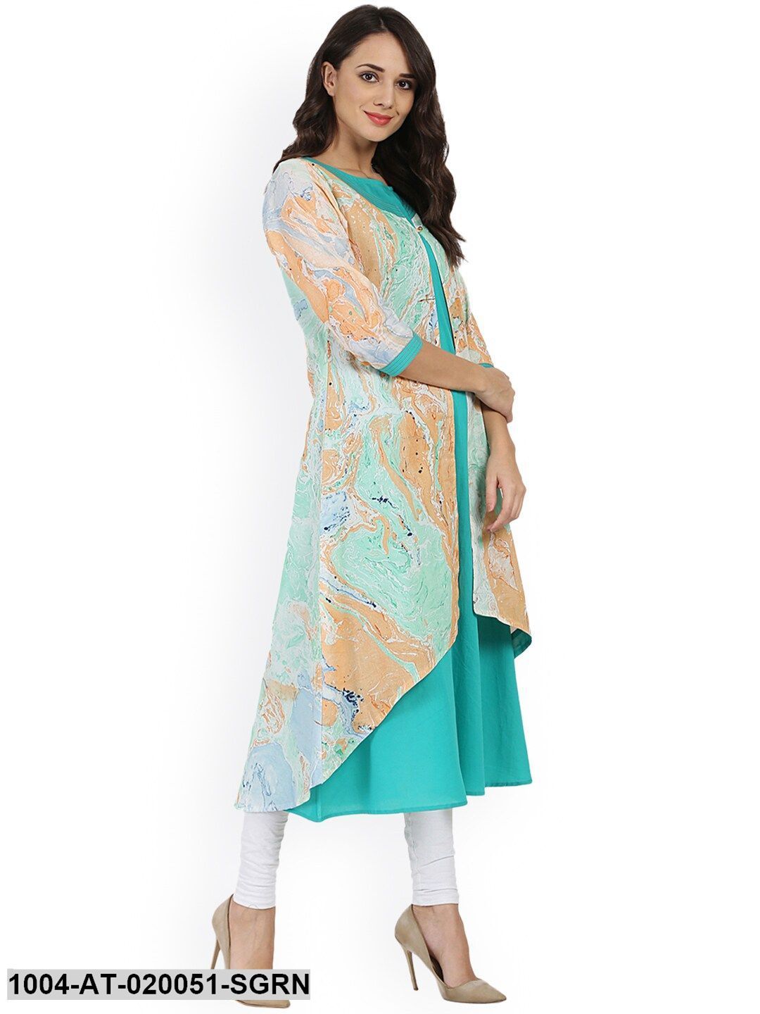 Sea Green Printed A-Line Kurta - Image 4