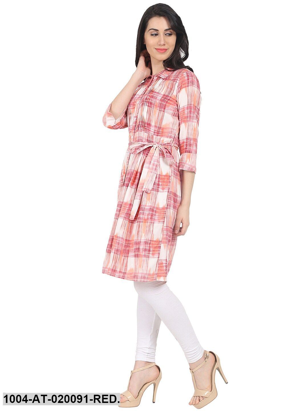 Red & White Checked A-Line Kurta - Image 5