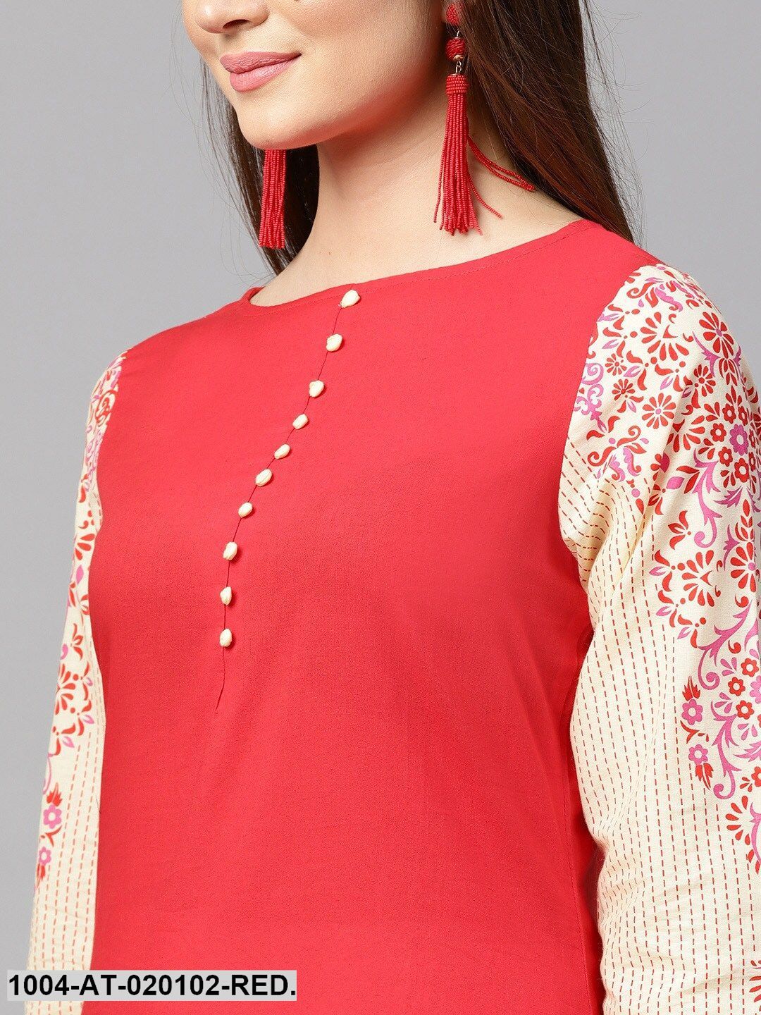 Red & Beige Solid Straight Kurta - Image 2